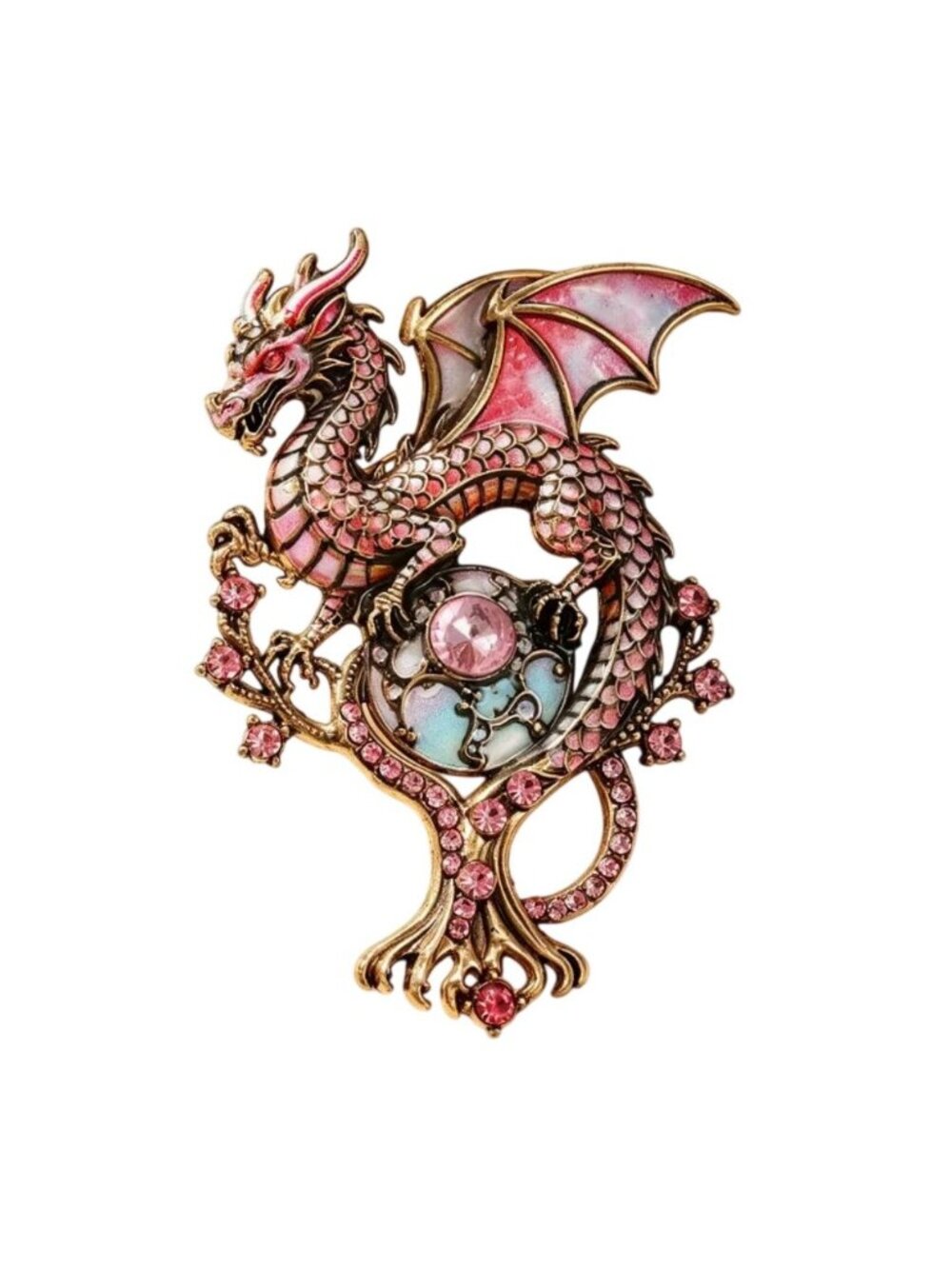 Pink Dragon Brooch Enamel & Rhinestones Gold Tone